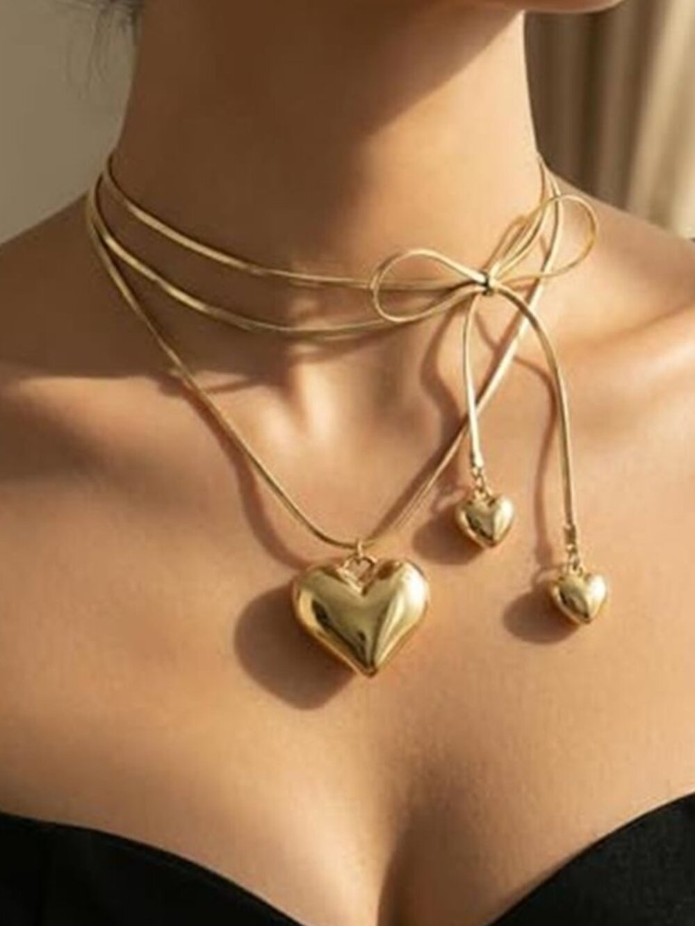 Gold Chunky Heart Tie Necklace Wrap Choker Locket Pendant Statement Jewelry